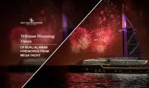 Burj Al Arab fireworks mega yacht | Dubai Marina fireworks yacht cruise Blog Banner By Dubai New Year Celebration.