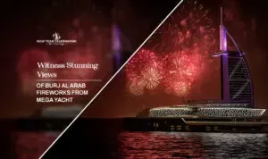 Burj Al Arab fireworks mega yacht | Dubai Marina fireworks yacht cruise Blog Banner By Dubai New Year Celebration.