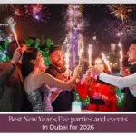 Dubai New Year party celebrations with skyline fireworks