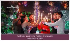 Dubai New Year party celebrations with skyline fireworks