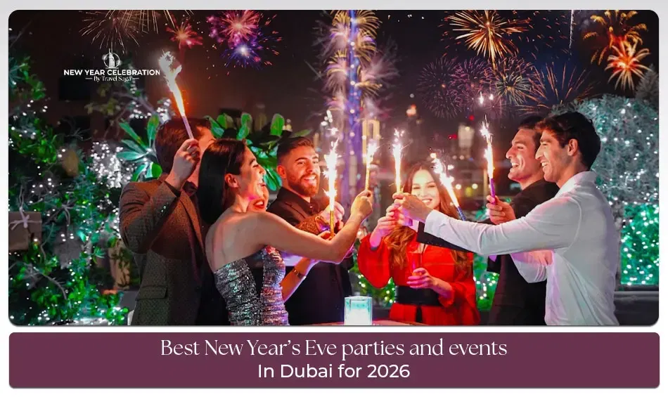 Dubai New Year party celebrations with skyline fireworks