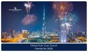 Dubai New Year travel trends with fireworks and city skyline
